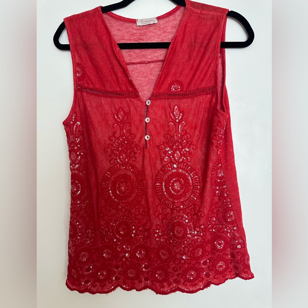 Bellambra ITALY Red Viscose V-Neck Embroidered Sleeveless Tunic